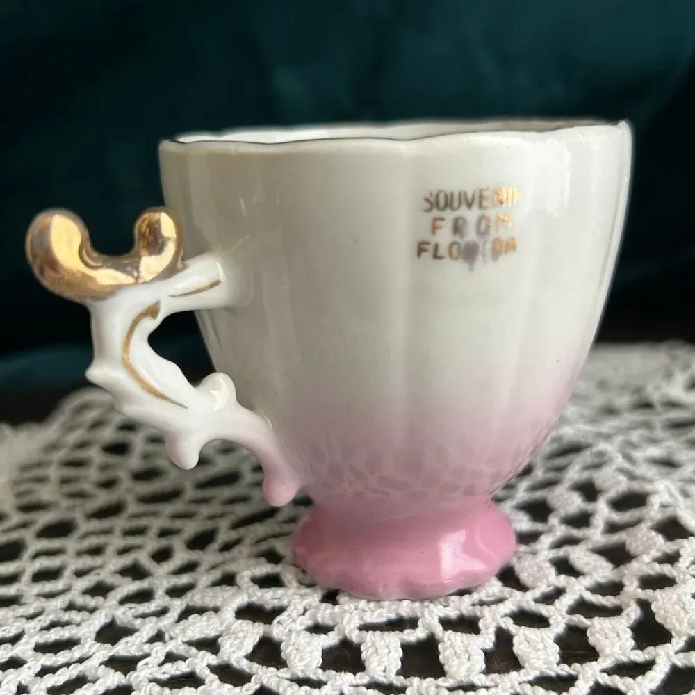 Vintage 50’s Ohashi China Flamingo Florida Travel Souvenir Demitasse Cup Gold Gi